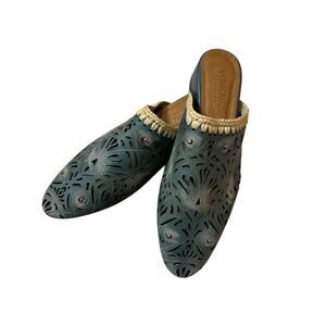 Veracruz Artisans Women's Teal Laser Cut Raffia Trim Slip On Mules Flats EU 39